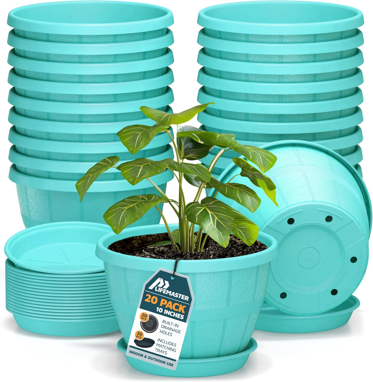 10-Inch Whiskey Barrel Planters Outdoor Pack of 20 - Durable Plastic Plant Pots for Indoor & Outdoor Use with Drainage & Saucer, Lightweight Rustic Barrel Planters for Flowers, Herbs & Small Plants