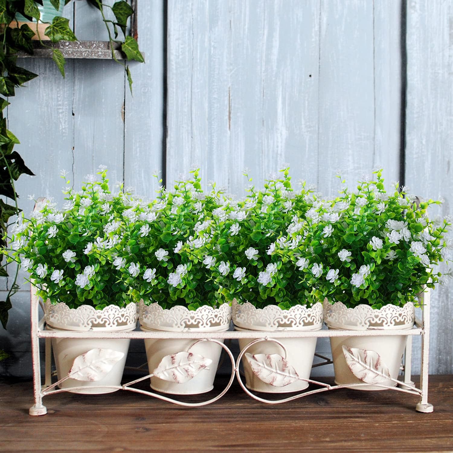 Artificial Plants Flowers Grass Shrubs 8 Pack No Fade Faux Plastic Flowers Outdoor for Vases Farmhouse Garden Porch Patio Office Indoor Wedding Decoration Greenery Fake Plants (2#White)