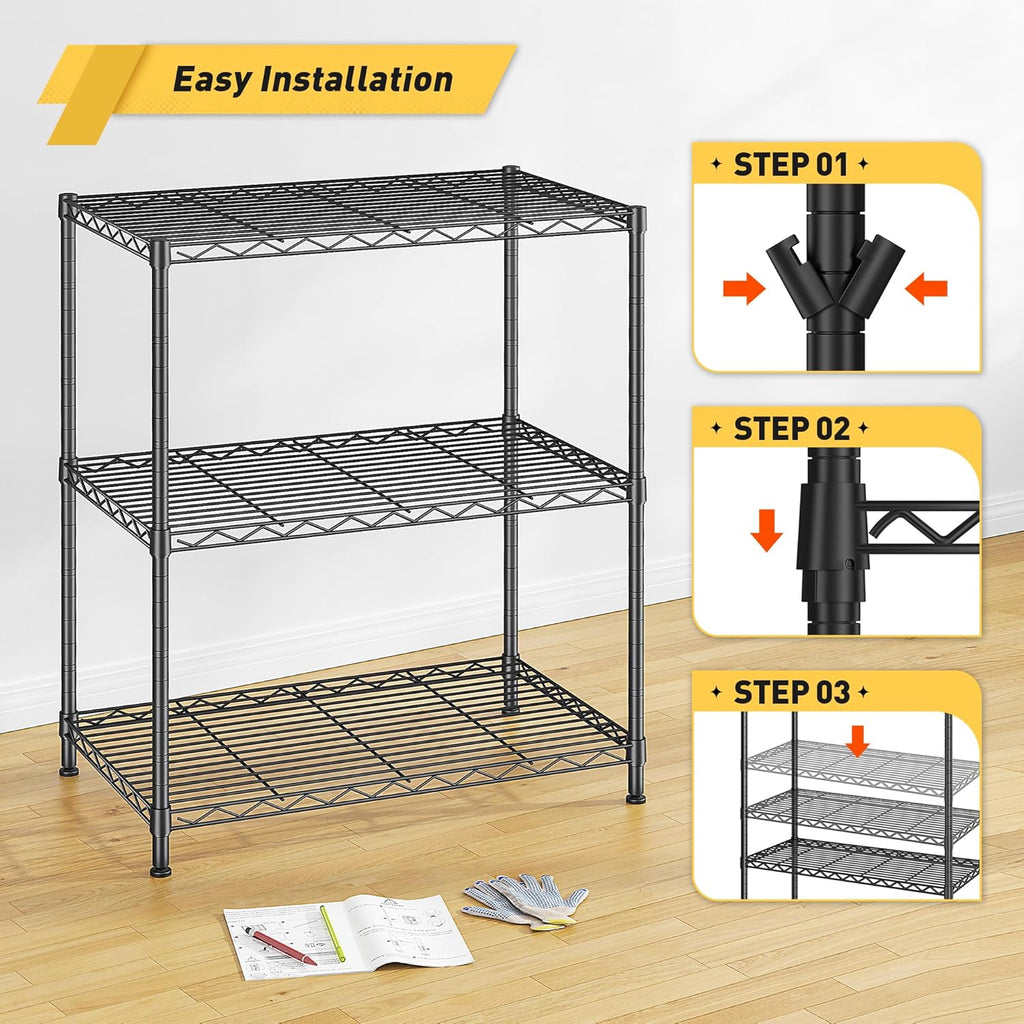 Storage Shelves Adjustable Wire Shelving Metal Wire Rack Shelving Unit Storage Shelf for Kitchen Laundry Room Pantry Closet Bathroom 24" W x 30" H x 14" D Black