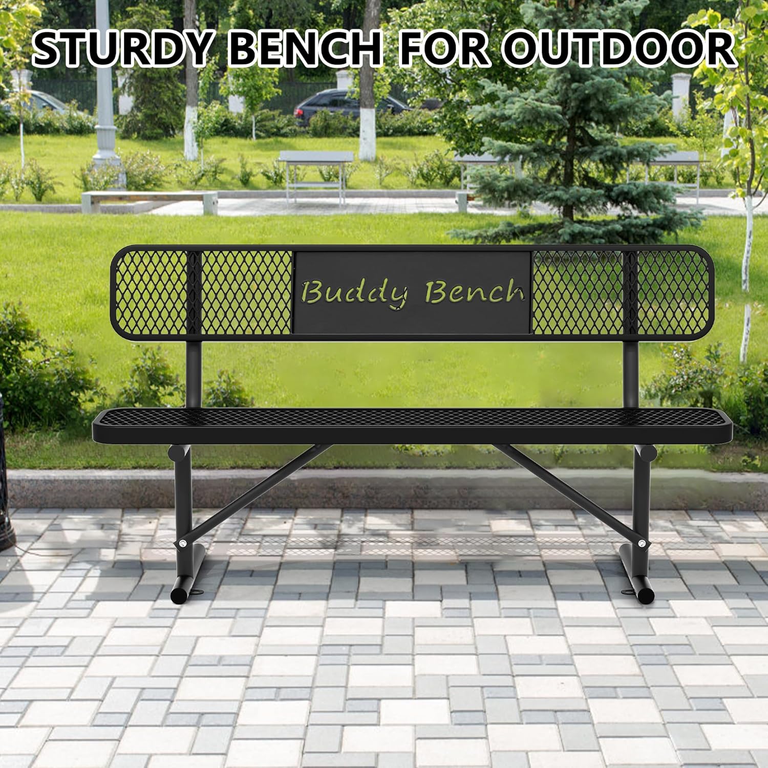 6 Feet Steel Park Bench for Outside, Outdoor Bench with Backrest & Portable Frame, Commercial Benches for Parks, School, Patio, Deck, Store,Black
