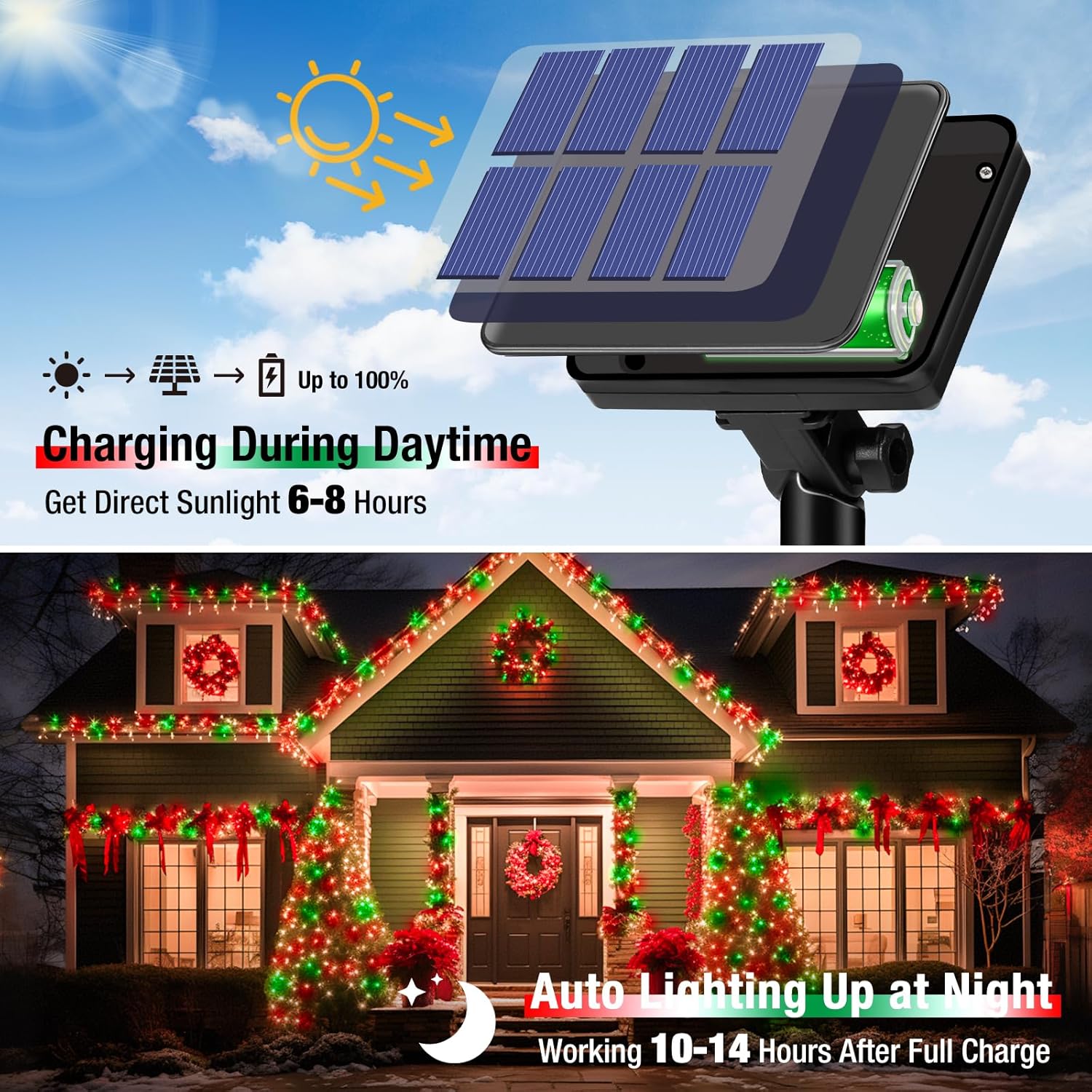 btfarm 4 Pack Solar String Lights Outdoor, 320LED 132FT Solar Fairy Lights Waterproof 8 Modes, Red Green Copper Wire Solar Powered Twinkle Light for Outside Tree Garden Christmas Wedding Party Decor