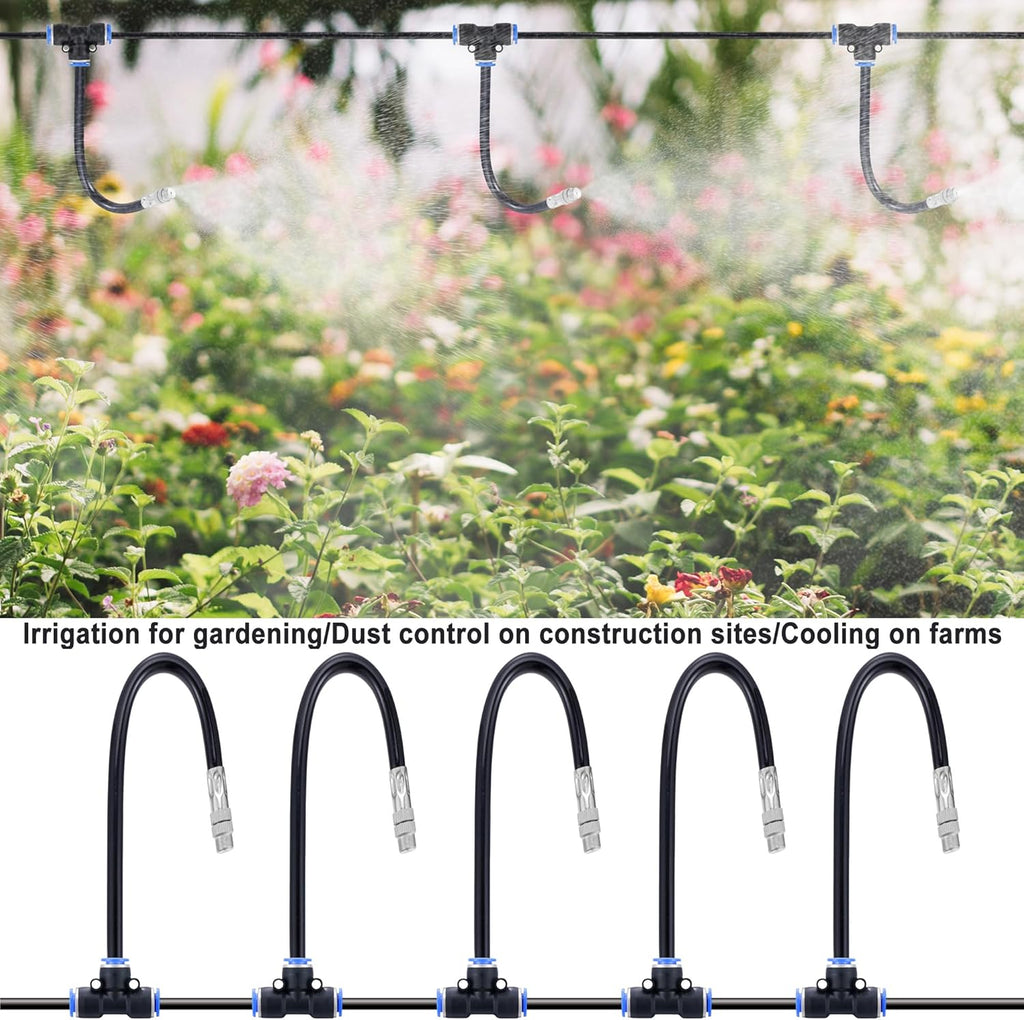 Mornajina 5 Packs Brass Misting Nozzles Tee with 20 inch Built in Hose for Outside Misting System, Adjustable 360° Rotation, Water Mister Nozzles Thread Sprayer 0.043" (1.1 mm)