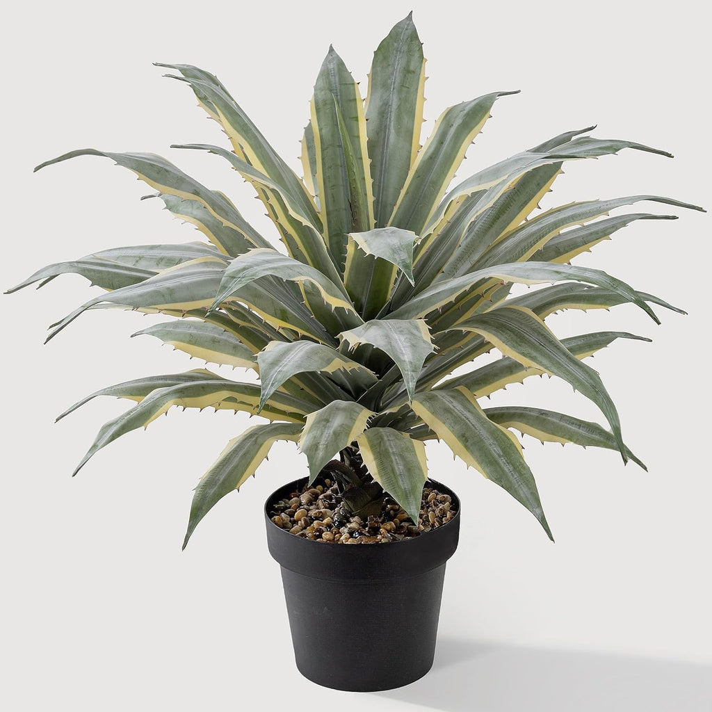 SUNPRAIRIE 32 Inch Tall Large Faux Agave Plant with Two-Tone Sawtooth Edged Leaves; Planted in Black Pot with Real Stone Pebbles. Large Artificial Plants Indoor and Outdoor.