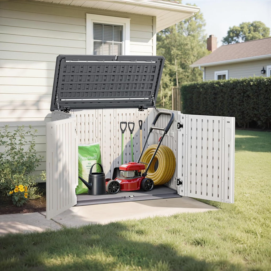 Macrout 25 Cu.Ft Small Plastic Outdoor Storage Cabinet with Floor, 4.3 x 2.5 ft Waterproof Resin Outdoor Storage Shed, Lockable Horizontal Shed for Garden and Patio