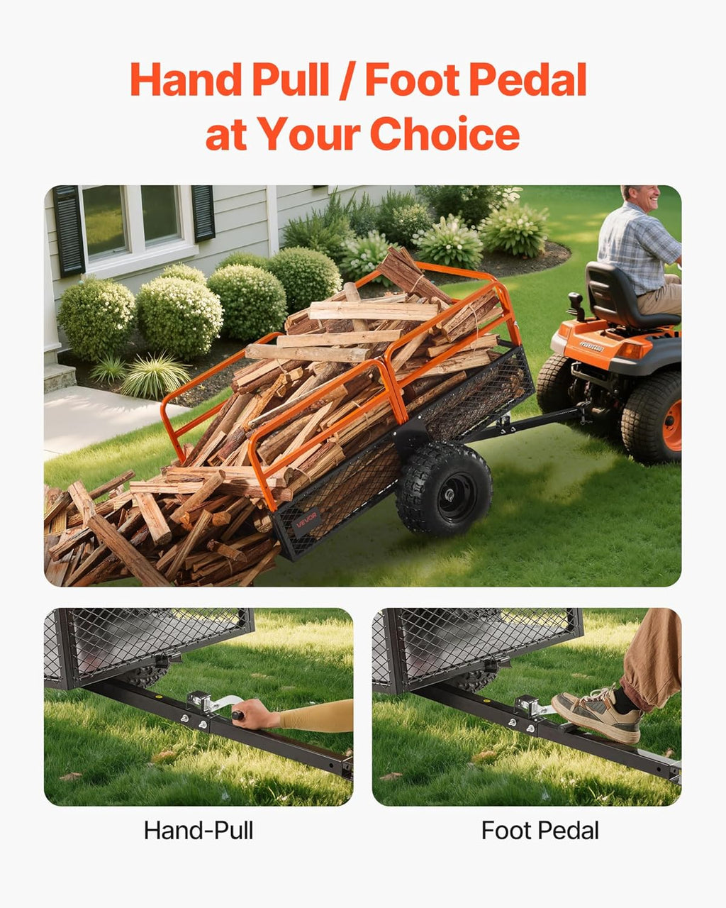 VEVOR 28 Cu.Ft 1800Lbs Steel ATV UTV Trailer Tow Behind Dump Cart, Heavy Duty Pull Behind Utility Dump Trailer for Lawn Mower Trailer Tractor Garden Yard with Removable Rear Panel