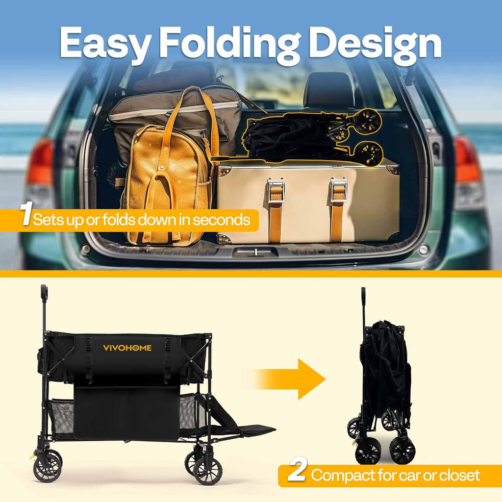 VIVOHOME 400L Large Capacity Double Decker Collapsible Wagon 500lbs Heavy Duty Utility Folding Cart with Big Wheels 53" Extended for Camping, Sports