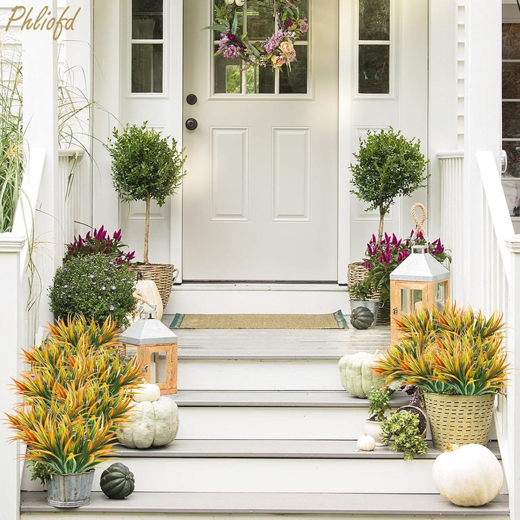 32 Pcs Artificial Grass Fake Plants 17.3in Outdoor Plastic Plants UV Resistant Greenery Fake Grass for Home Window Garden Office Patio Hanging Planter Pathway Front Porch Décor Orange Yellow