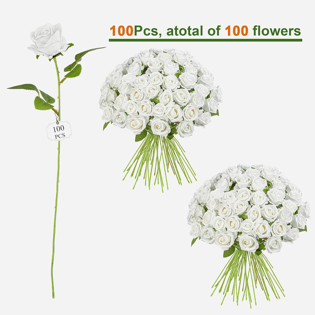 Fake Plants Roses Flowers Plastic Flowers Spring Decorations for Home Gifts for Gf Roses Artificial Flowers for Vase Fake Flowers Home Decor Fake Plant19.6“ (White 100PCS)