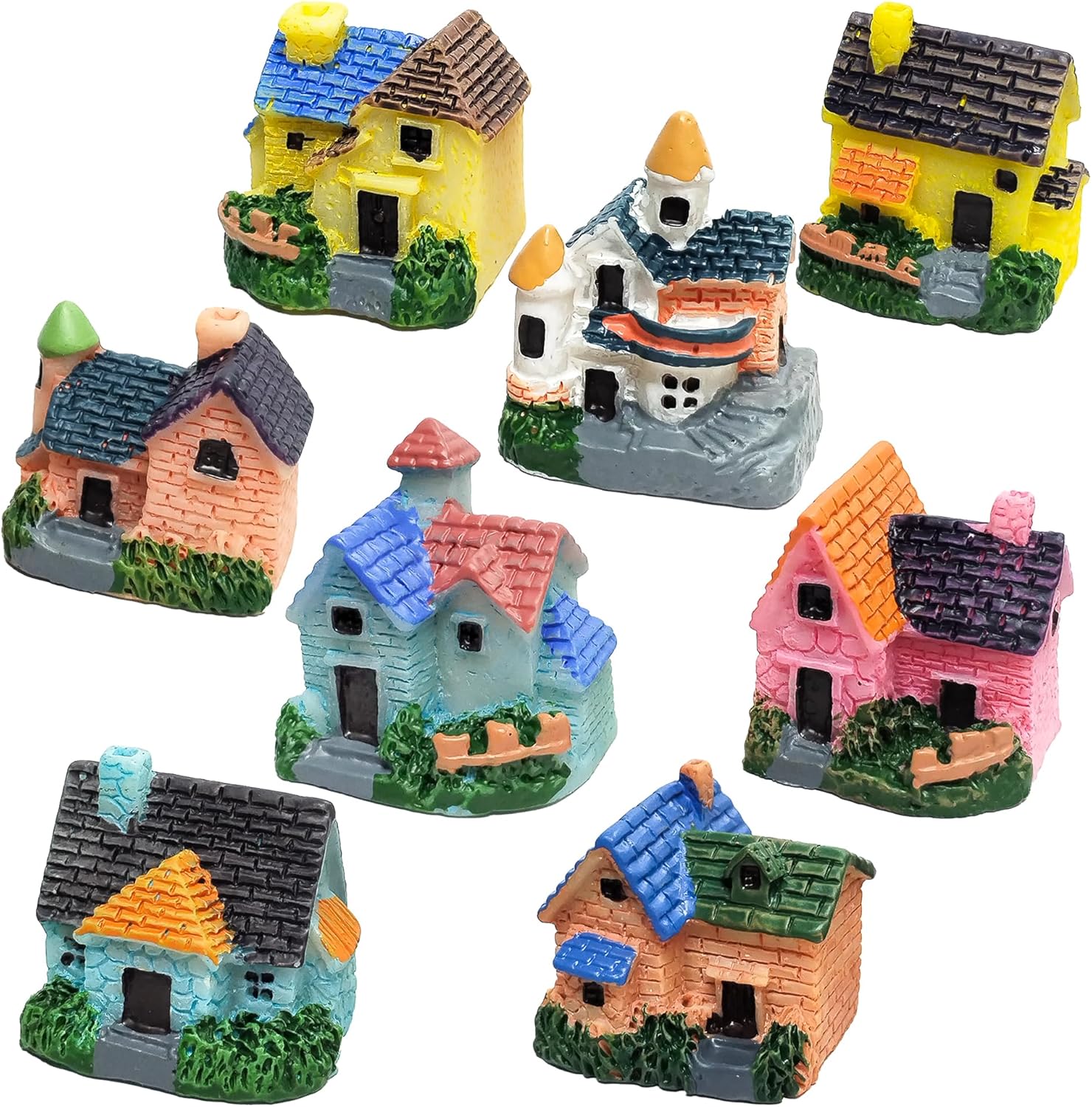 8PCS Colorful Miniature House Mini House Cottage Resin Figurines Fairy Garden Accessories Outdoor Vintage Small Micro Landscape Ornament Plant Flower Pot Terrarium Home Decor Supplies