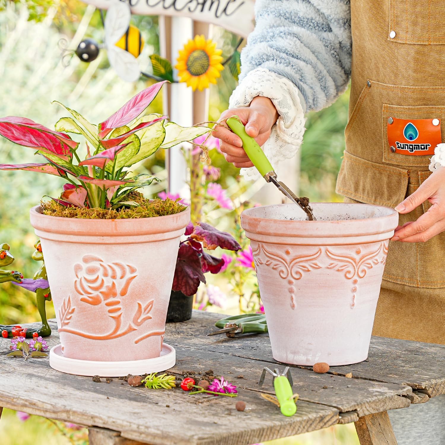 Sungmor Terra Cotta Pot Set - 3 Unique Embossed Clay Planters with Saucer & Drainage, 8 Inch Large & Deep, Pretty Color, Ideal for Orchid, Cactus, Succulent