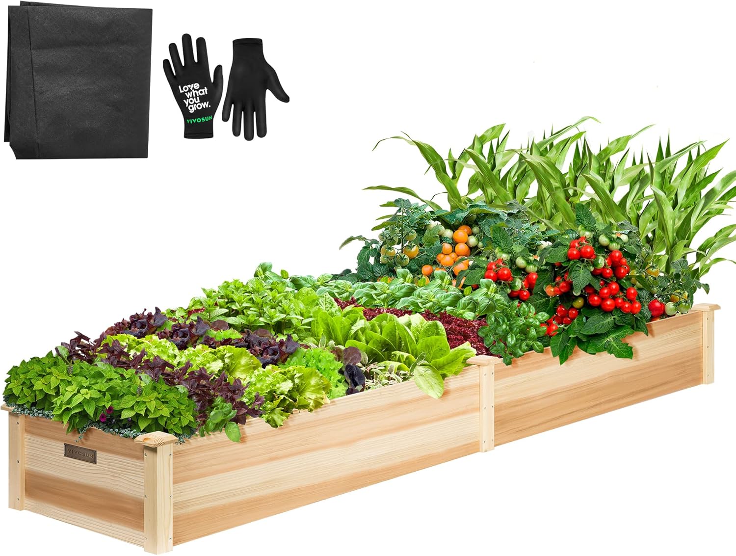 VIVOSUN 8×2Ft Wooden Raised Garden Bed, 97 x 25 x 11 Inches, Outdoor Wood Planter Box with Gloves and a Liner for Garden, Patio, Balcony, Backyard and Outdoors