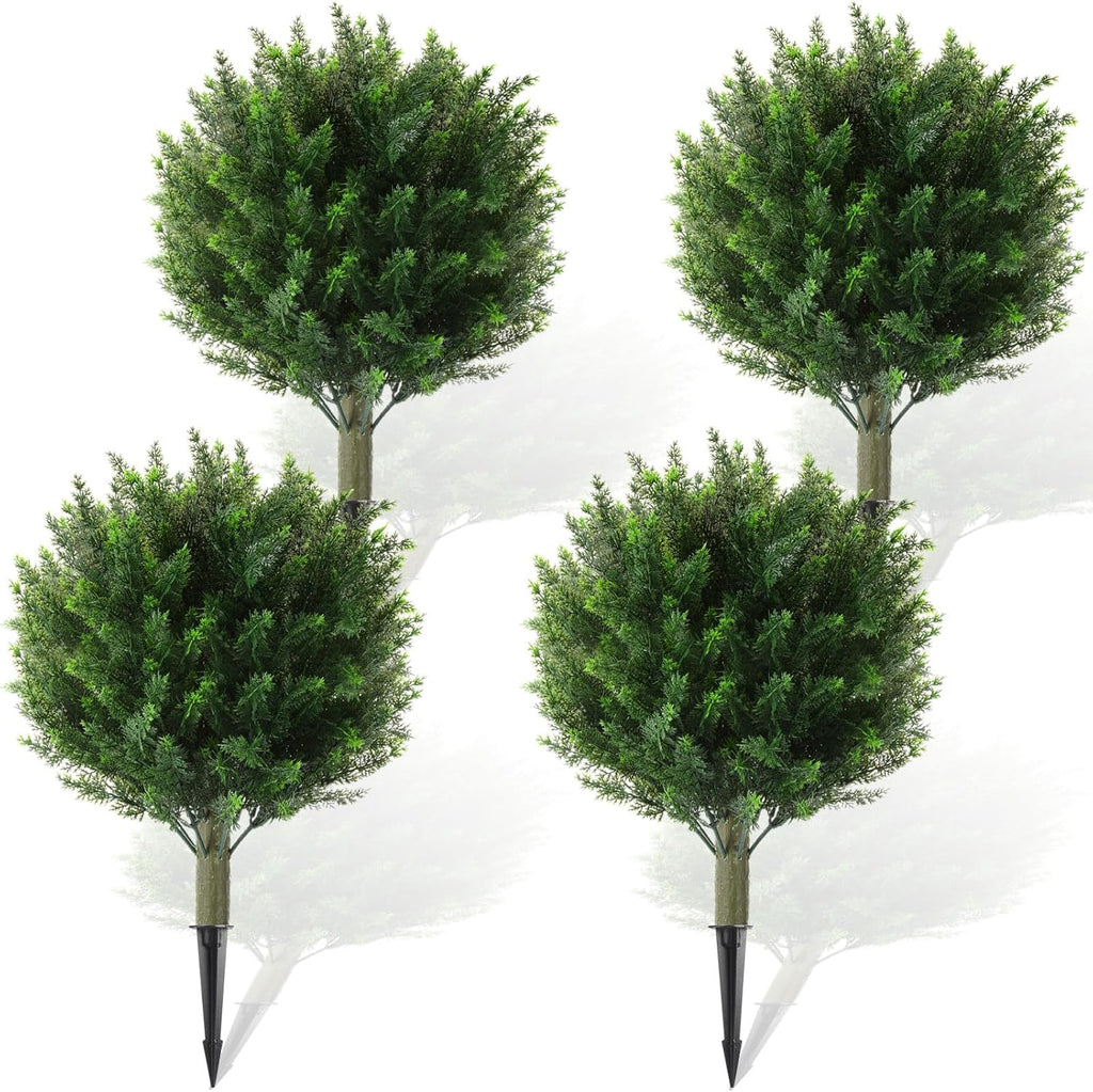 Yunlly 4 Pcs Artificial Cedar Topiary Ball Fake Tree 18" Bush Front Porch Decor Artificial Shrubs for Outdoors Faux Cypress with Ground Spike, Evergreen Plants for Indoor Garden Patio, UV Resistance
