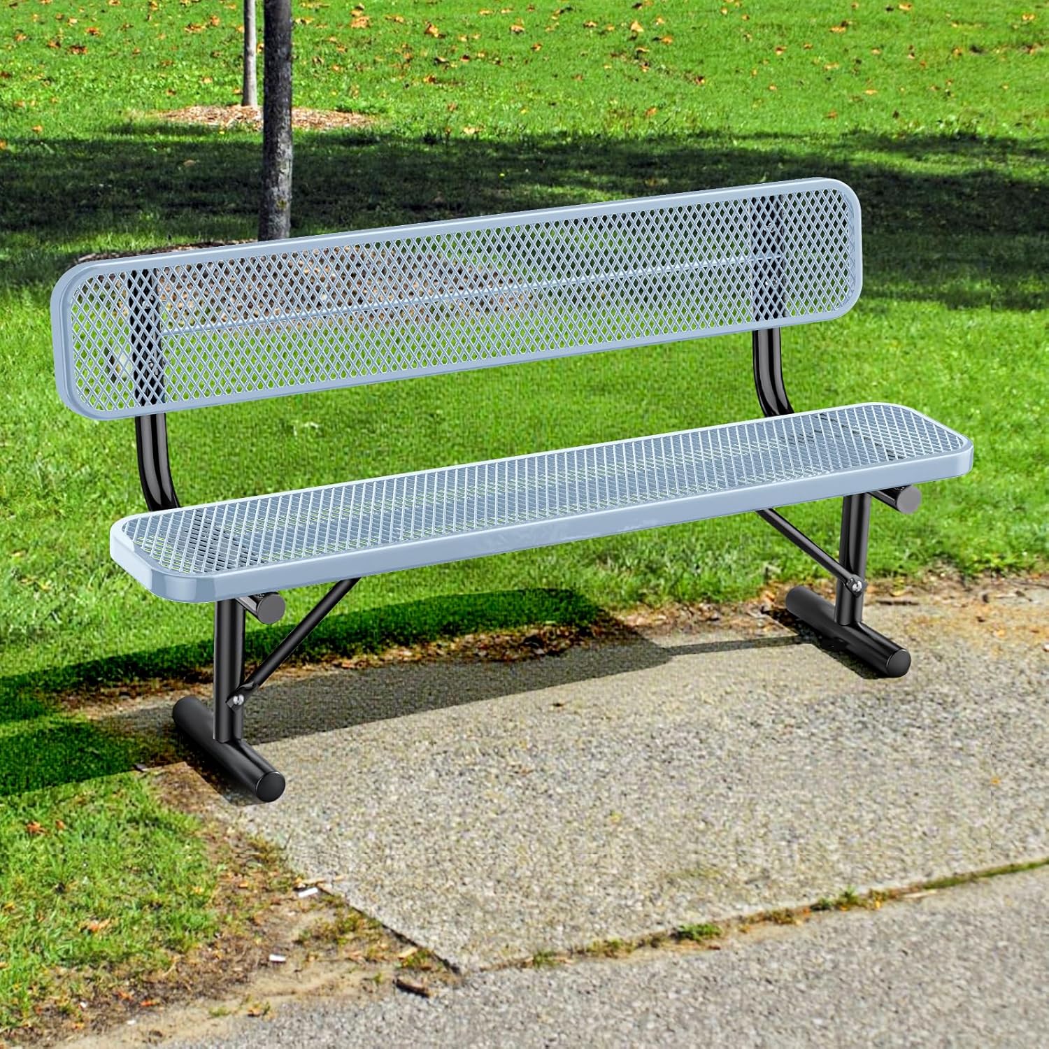 6Ft Heavy Duty Park Bench with Back Portable Frame, Outdoor Steel Bench with Backrest, Expanded Metal Mesh Bench for Lawn, Park, Deck, Garden, Patio, Porch, Grey