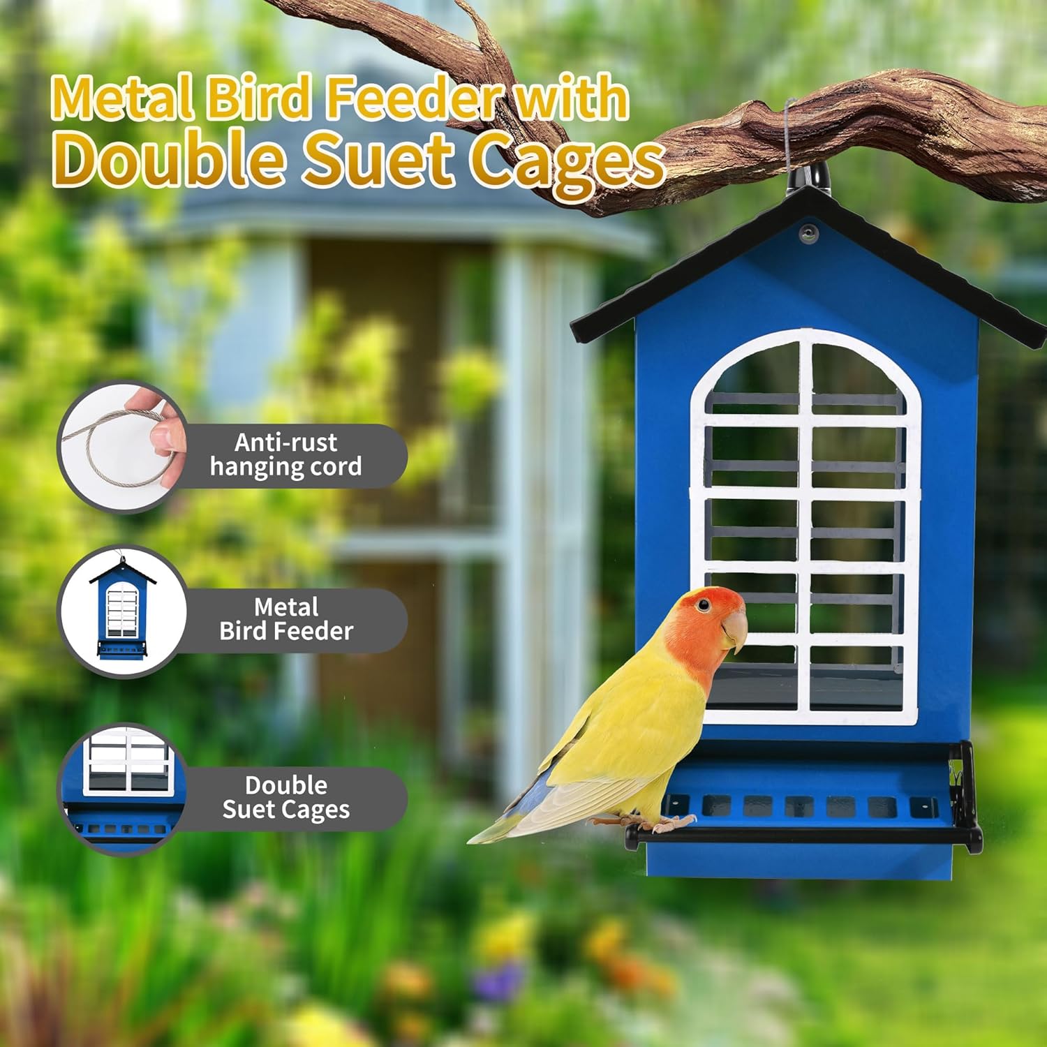 Bird Feeder Squirrel Proof Metal Hanging for Outdoor Wild Bird Seed, 5LBS with Bilateral Weight-Activated Perches, Heavy Duty Bird Feeders for Outside Wild Bird - Blue