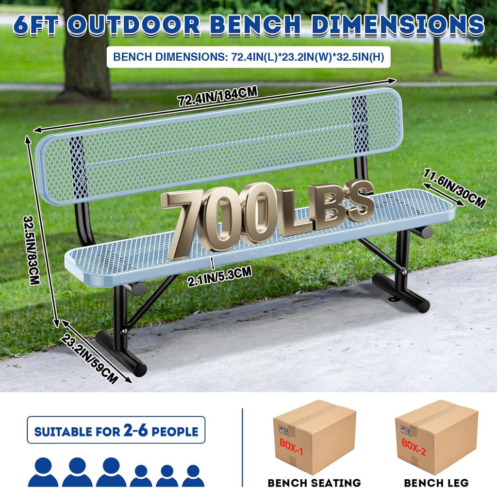 6Ft Heavy Duty Park Bench with Back Portable Frame, Outdoor Steel Bench with Backrest, Expanded Metal Mesh Bench for Lawn, Park, Deck, Garden, Patio, Porch, Grey