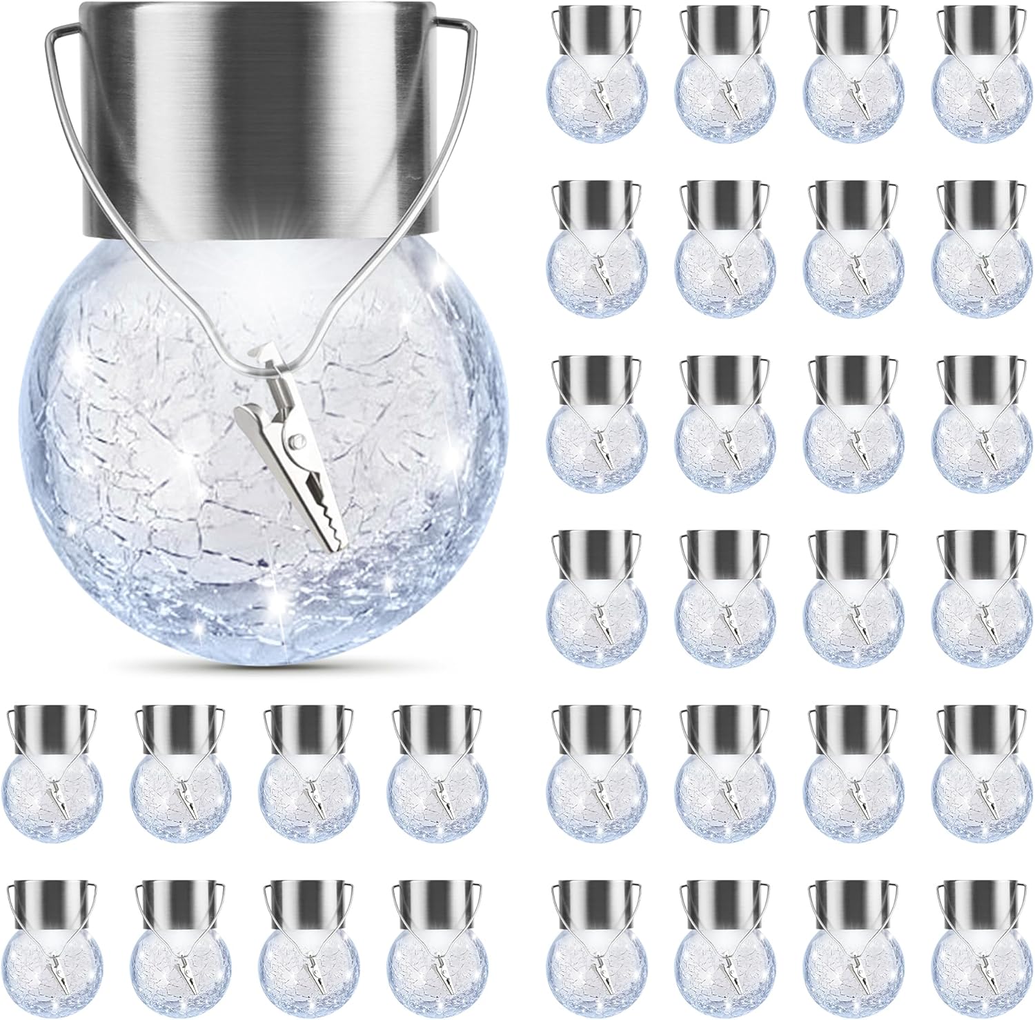 PARTPHONER 32 Pack Hanging Solar Lights Outdoor, Waterproof Solar Globe Lantern with Handle and Clip, Decorative Cracked Glass Ball Lights for Christmas Decor, Tree, Yard, Garden, Patio (Cold White)