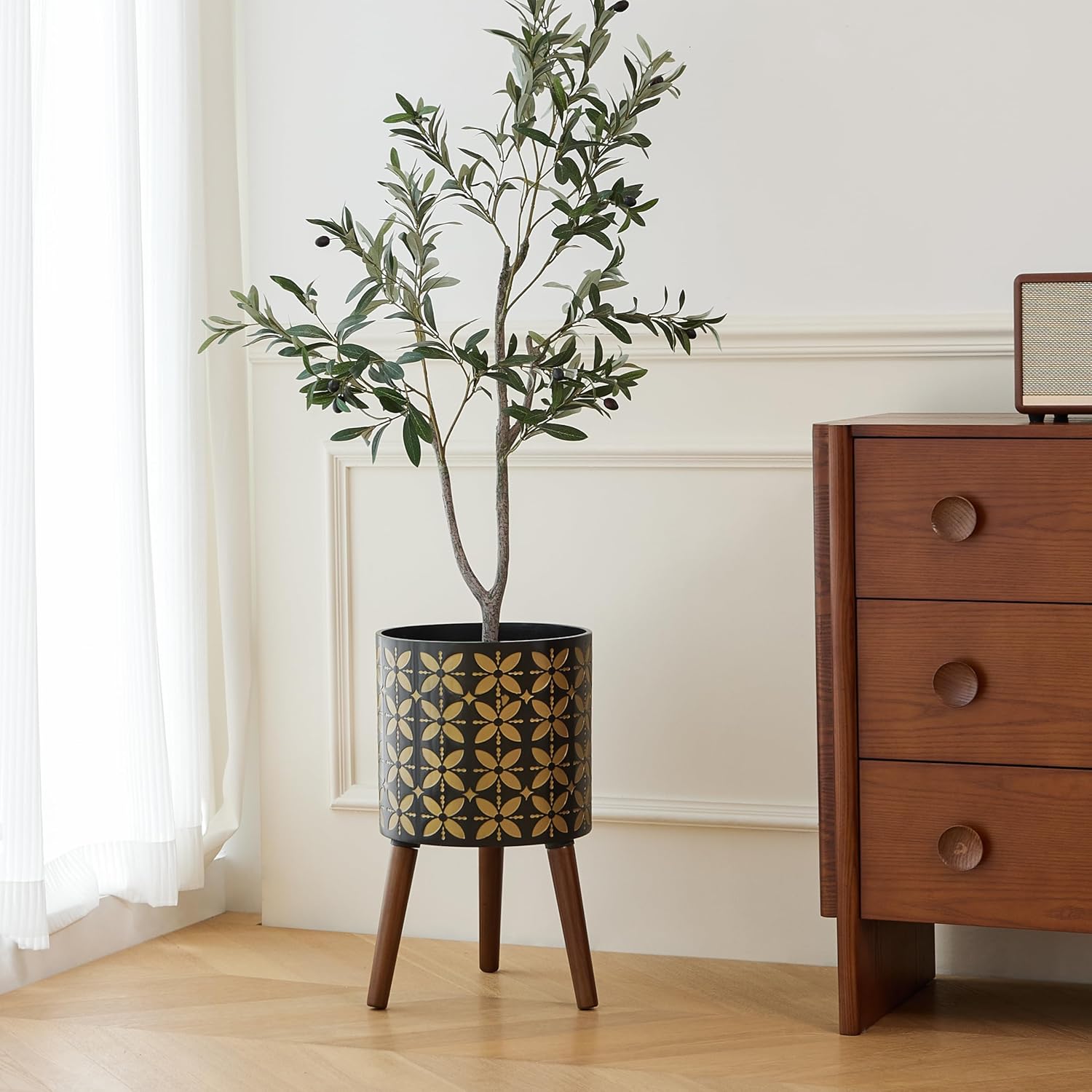 10 Inch Plant Pot with Stand, Planter for Indoor Plant Mid-Century with Drainage Holes for Outdoor,Black and Gold