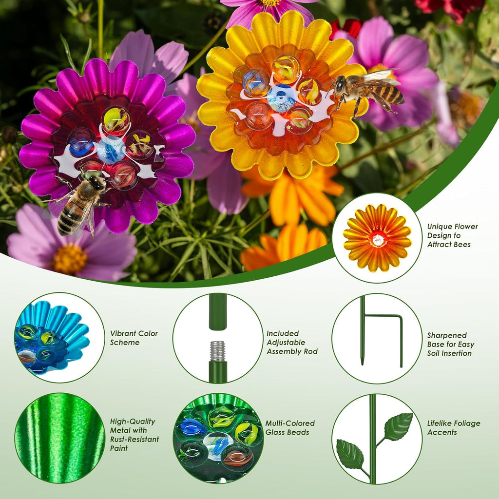 4 Pcs Metal Bee Watering Station for Garden - Height-Adjustable Bee & Butterfly Feeder with 20 Glass Marbles, Colorful Flower Design Bee Bath Bowl for Outdoor Yard Decor