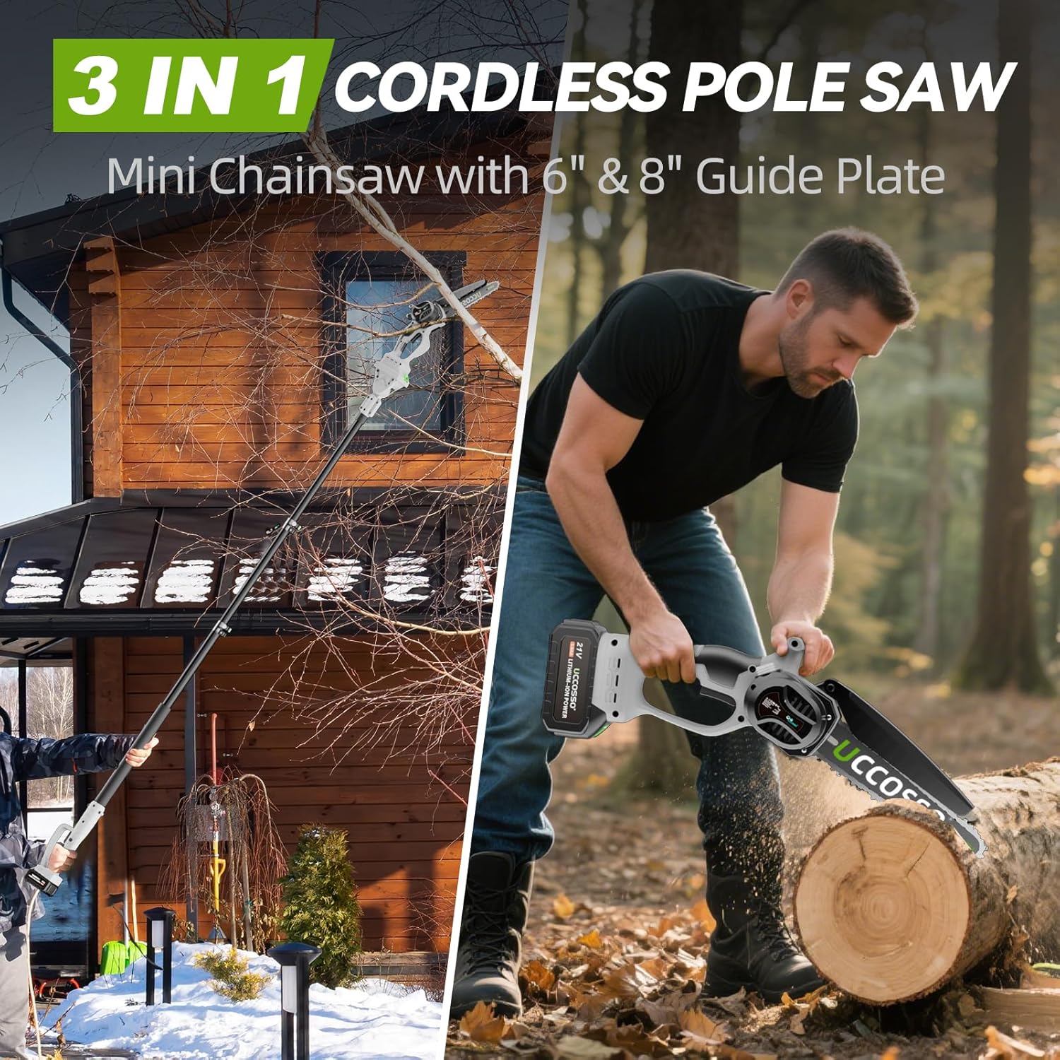 3-in-1 Electric Pole Saws for Tree Trimming 6&8" Mini Chainsaw Cordless with Extension Pole, 850W Brushless Motor,Auto Oiling,Total Reach of Max 15ft, Pole Saw for Home & Garden & DIY
