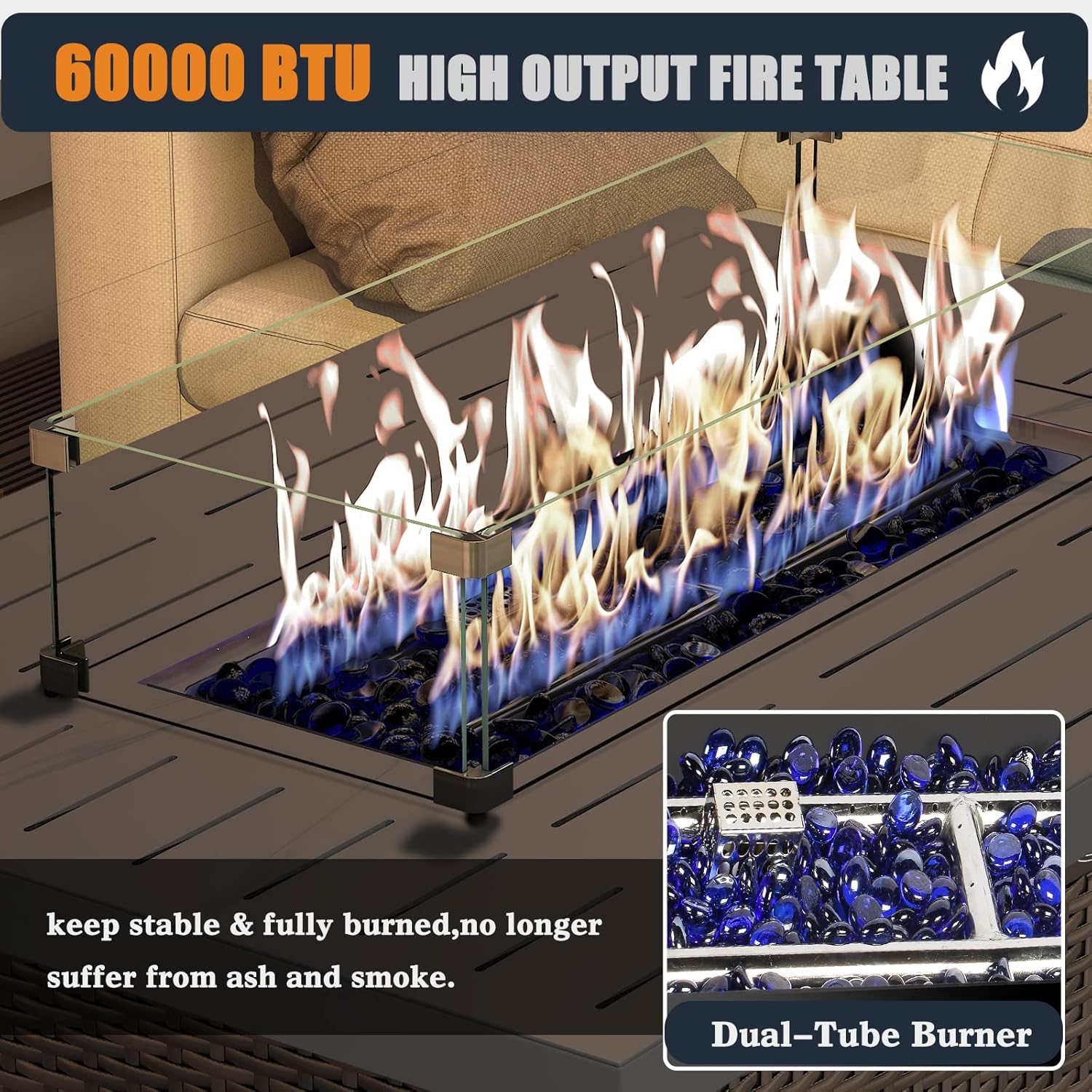 44 Inch Propane Gas Fire Pits Table for Outside Patio, 60000 BTU Rectangular Outdoor Wicker Rattan Fire Pit with Glass Wind Guard