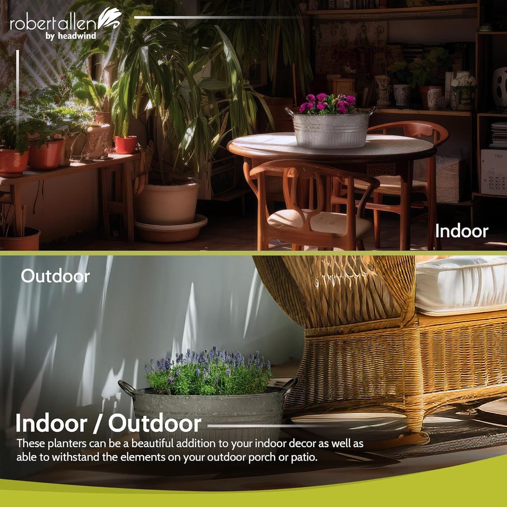 Headwind Oval Galvanized Tubs Planter with Handles – 24 Inch Lightweight Steel Indoor Oval Plant Pot with Drainage Holes – Large Galvanized Tub Flower Bucket – Outdoor Planter by Robert Allen