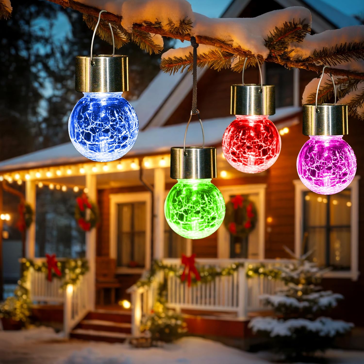 8 Pack Solar Lanterns, Christmas Decoration Lights with Multi-Color Changing Cracked Glass Hanging Ball Solar Outdoor Lights Waterproof Hanging Light for Garden, Yard, Patio, Lawn