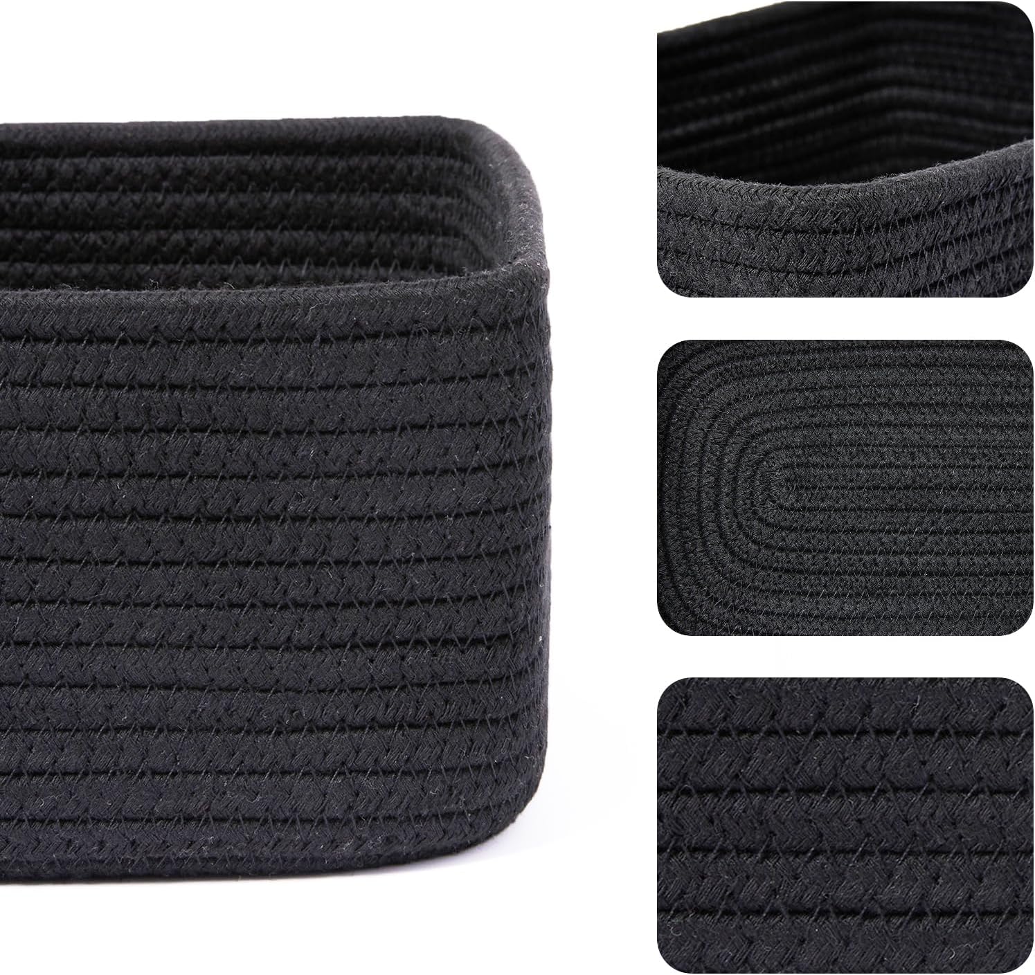 Small Storage Baskets for Organizing | Closet Organizer Bins | Shelf Toy Basket | Woven Rope Baskets | Cube Decorative Box | Shallow Basket | 11.5x7.5x4.7” | 3 Packs Black