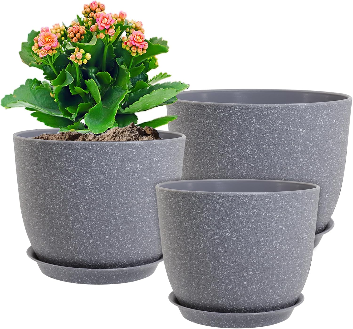10/9/8 inch Plant Pots, Set of 3 Modern Decorative Plastic Planters with Drainage Holes and Saucers for Garden House Plants, Flower Pots for Indoor Outdoor Plants, Speckled Grey