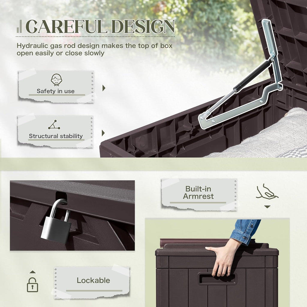 Greesum 100 Gallon Resin Deck Box Large Outdoor Storage with Cushions for Patio Furniture, Garden Tools, Pool Supplies, Weatherproof and UV Resistant, Lockable, Dark Brown