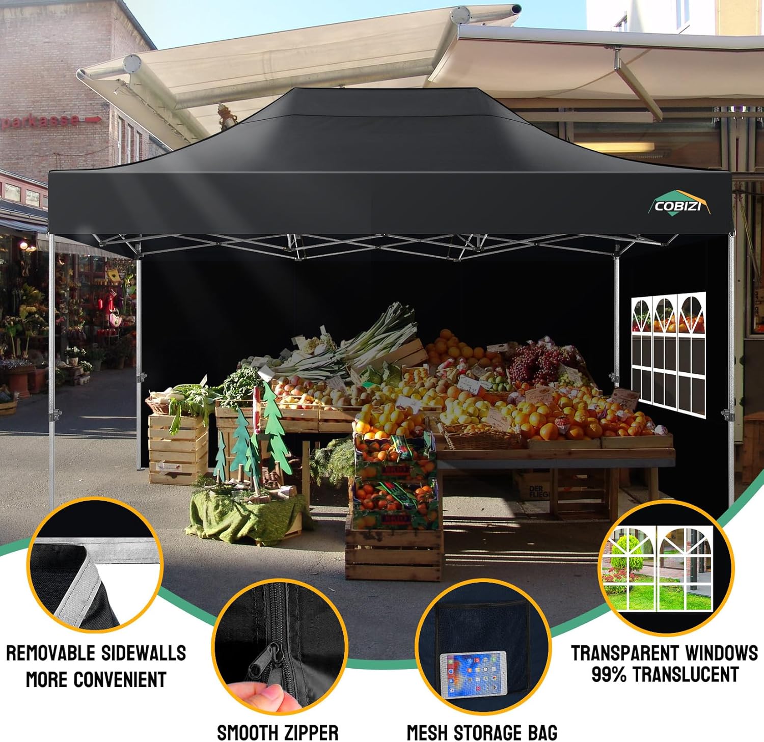 COBIZI 10x15 Pop up Canopy Tent Heavy Duty with 4 Sidewalls, Easy Set-up Commercial Outdoor Party Tent, 100% Waterproof Wedding Canopy Gazebo, 3 Height Adjustable with Handbag, Black