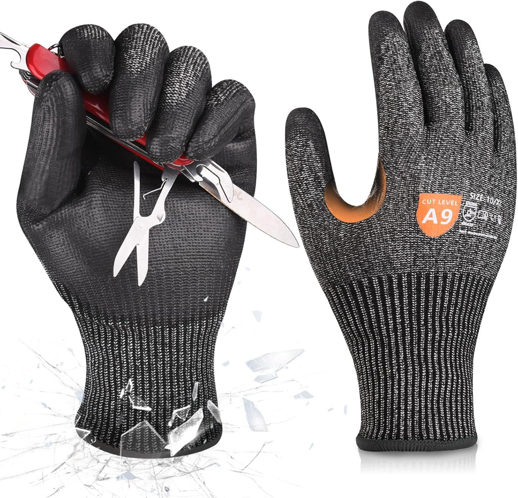 Donfri 3 Pairs A9 Cut Resistant Work Gloves for Men - Steel + HPPE Hybrid Safety Gloves for Men, ANSI Cut Level 9 Protection Flexible for Metal Glass Wood Construction Fishing