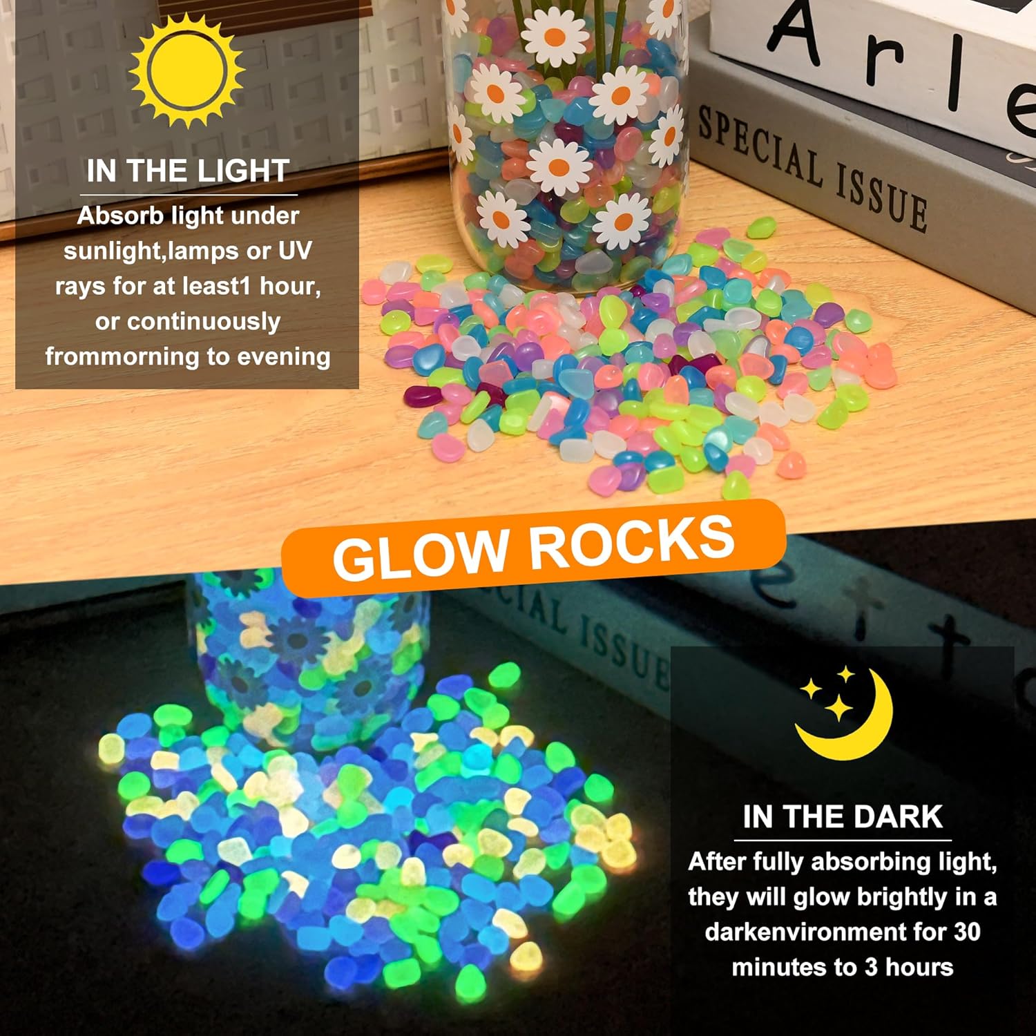 Oubest Glow in The Dark Rocks for Outdoor Landscaping, Decorative Garden Pebbles, Luminous Stones for Vases, Pathway, Walkway, Yard, Patio, Glowing Gravel for Fountain, Driveway, 1000PCS, Multicolor