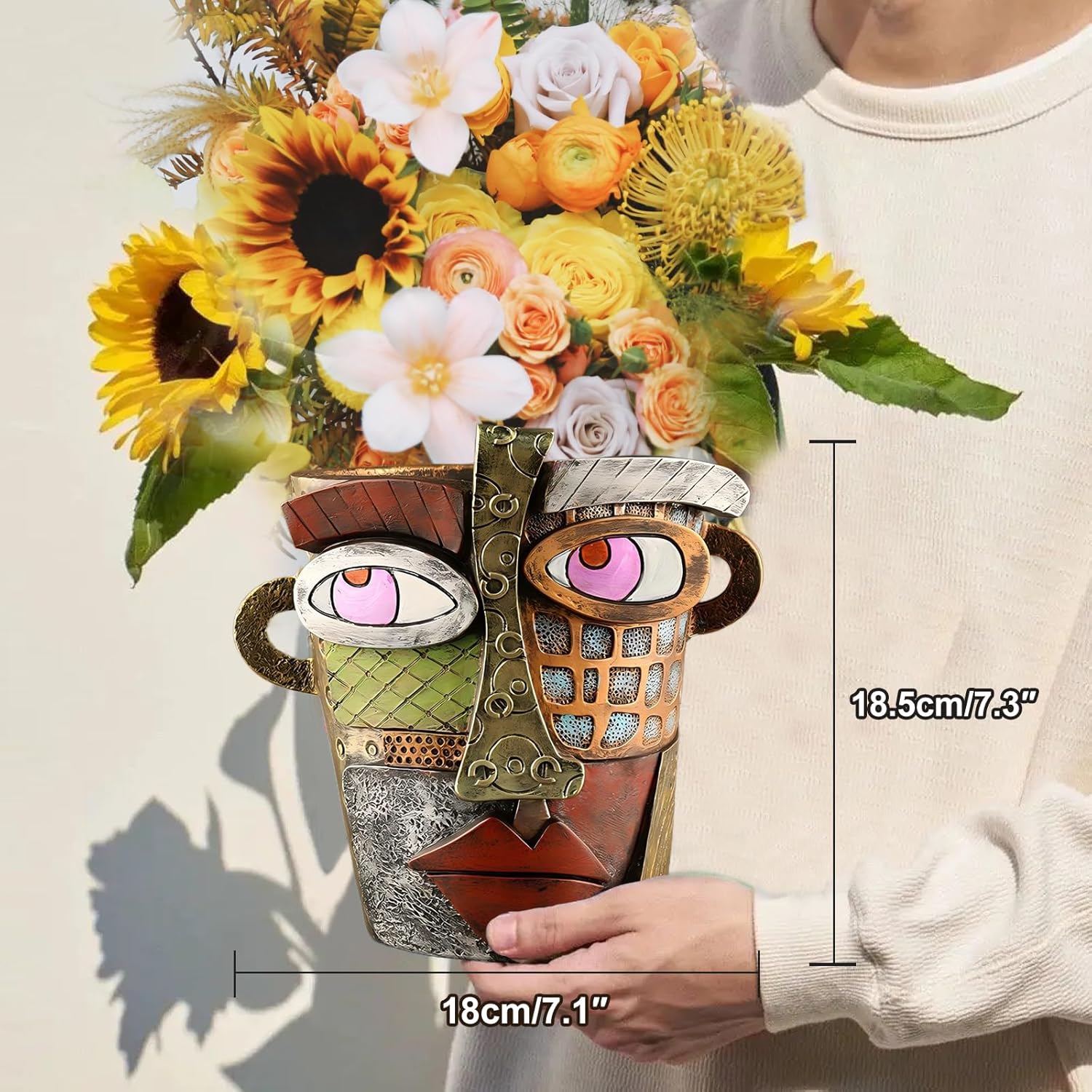 Brutalist Abstract Face Planters Pots Head, Unique Abstract Flower Pot, Funny Planters Decoration Flower Resin Face Flower Pot for Indoor and Outdoor Plants Colorful Funny Room Decor (Retro)