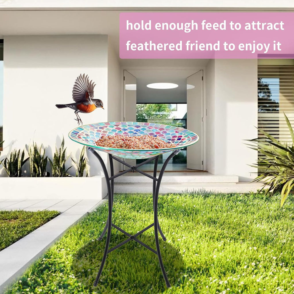 VCUTEKA Bird Baths for Outdoors, Mosaic Bird Bath with Metal Standing for Garden, Yards Patio Décor, Bird Lovers Gift, Glass Birdbath Detachable (20" H * 14" W)