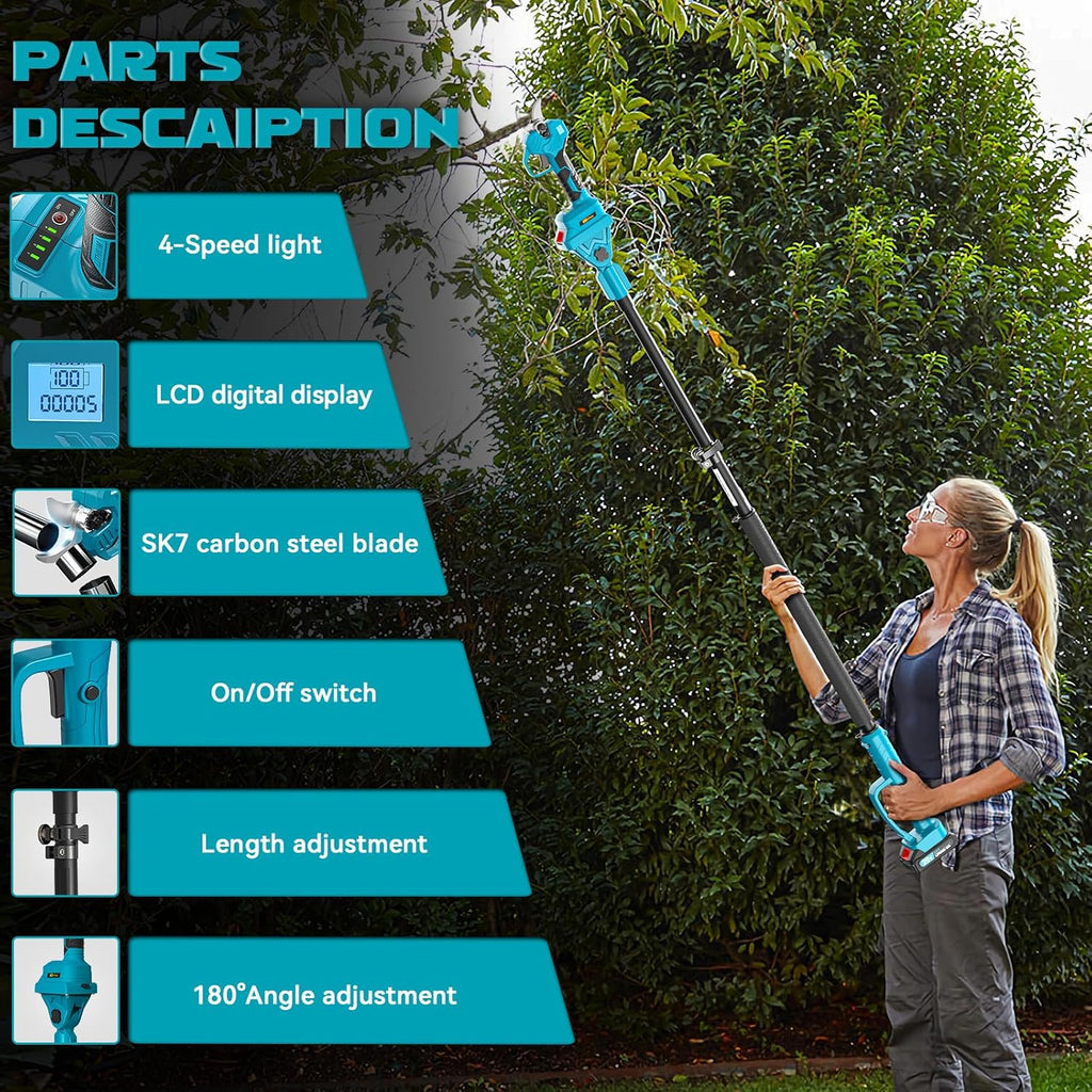 TOCiTAA Electric Pruning Shears Compatible with Makita Battery, Pruners for Gardening 1.5-2 Inch Cutting Diameter with 2 Pack 2.0Ah Batteries, Cordless 13ft. Pole Pruner with Pruning Blade