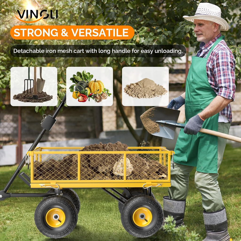 VINGLI Heavy Duty 880 LBS Mesh Steel Garden Cart, Dump Detachable Utility Wheelbarrow, Yard and Garden Wagon Cart with Removable Sides and 10 Inch Wheels(Yellow)