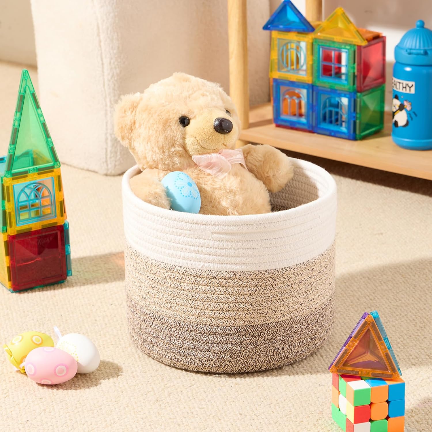 Small Basket for Organizing | Cube Shelf Closet Storage Baskets | 9.7×9.7×7.1” | Woven Rope Gift Basket | Nursery | Round 3 Packs Gradient Brown