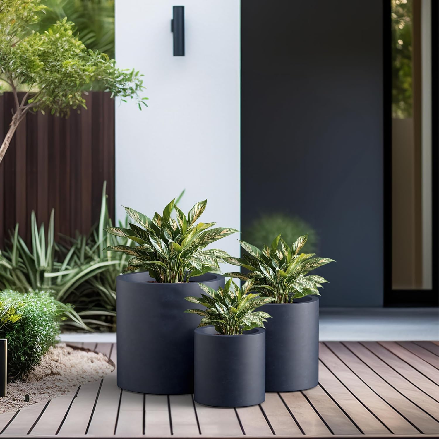 Kante 9.8",12.6",15.7" Dia Round Concrete Planter Set of 3, Modern Style Large Cylindrical Plant Pot with Drainage Hole and Rubber Plug for Indoor Outdoor Patio, Dark Gray