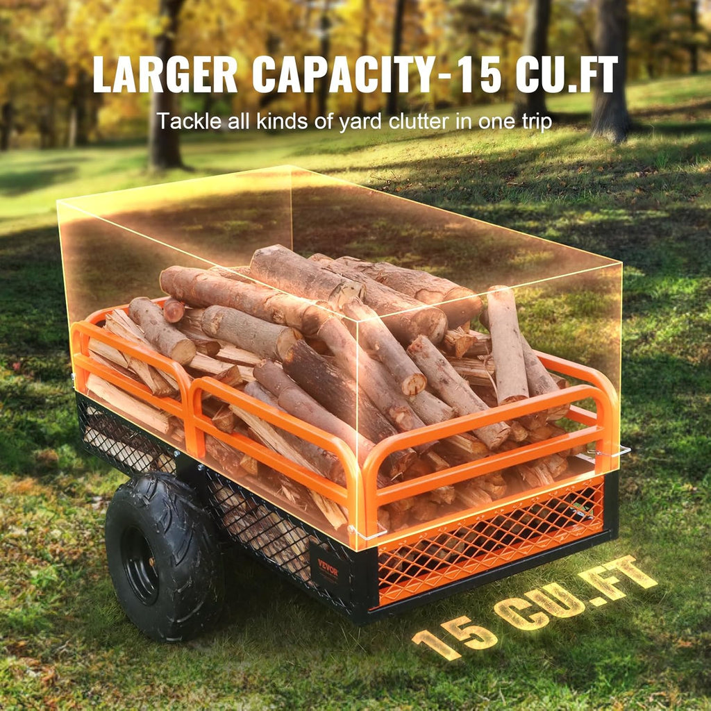 VEVOR ATV UTV Trailer Tow Behind Dump Cart, 1500lbs 15 Cubic Feet, Heavy Duty Yard Garden Trailer Pull Behind Dump Trailer for Lawn Mower Tractor