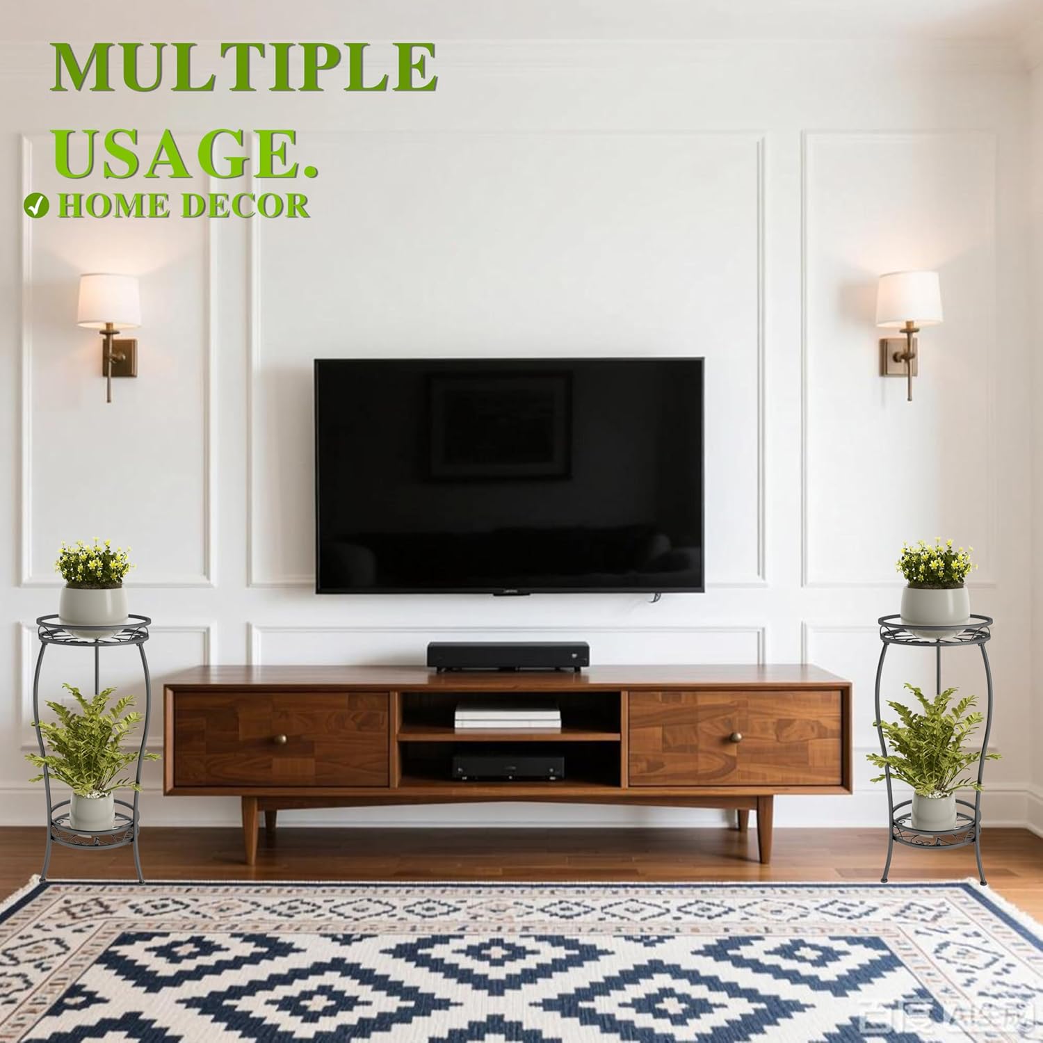 Plant Stand Indoor Outdoor 2 Tier 27.1 inch Tall Black Metal Rustproof Stable Plant Stands Multiple Plant Round Supports Rack for Planter Corner Garden Balcony Patio