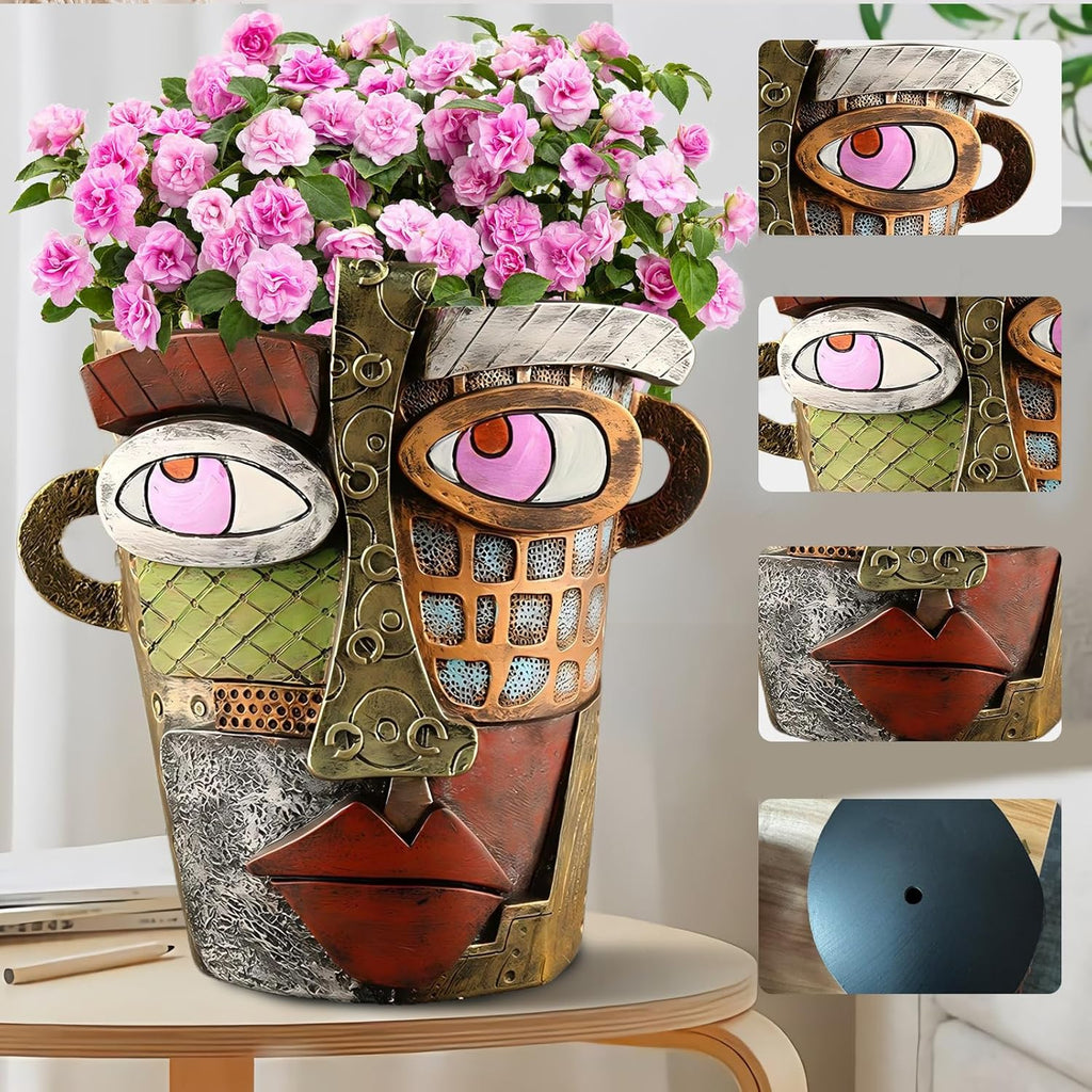 Brutalist Abstract Face Planters Pots Head, Unique Abstract Flower Pot, Funny Planters Decoration Flower Resin Face Flower Pot for Indoor and Outdoor Plants Colorful Funny Room Decor (Retro)