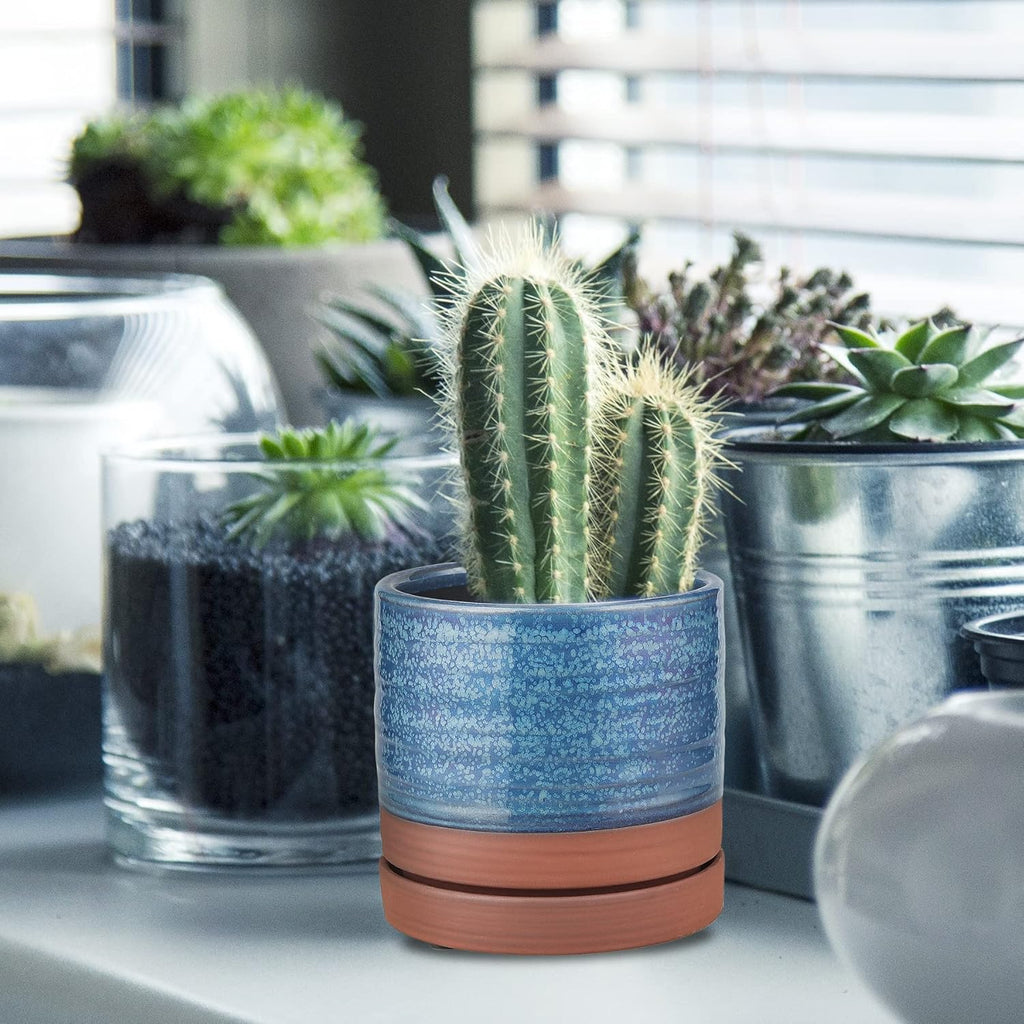 6 Inch Plant Pots, Ceramic Planter Pot with Drainage Hole & Saucer, Indoor/Outdoor Cylinder Round Planter Pot, Aqua Blue & Terracotta Red