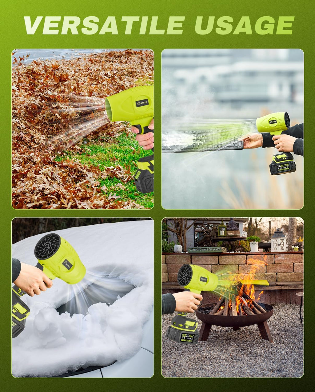 Saker Cordless Leaf Blower Portable Dust Cleaner Handheld Blowers 2 x 4.0Ah Batteries 180000 RPM Air Duster with Adjustable Speed for Drying Patio Cleaning Green