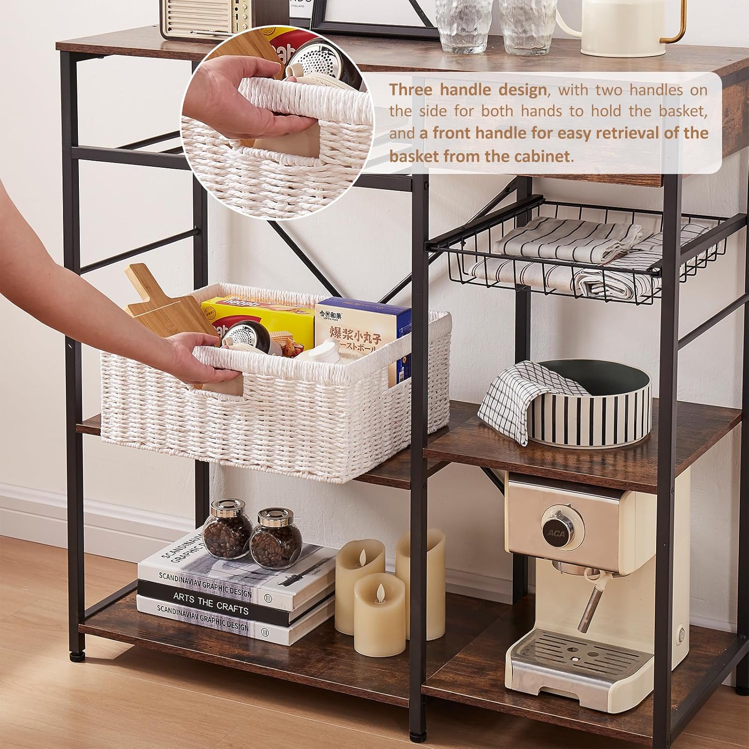 OIAHOMY Wicker Basket, Paper Shelf Basket with Built-in Handles, Rectangular Wicker Storage Bin for Pantry, Shelves, 1 Pack-White