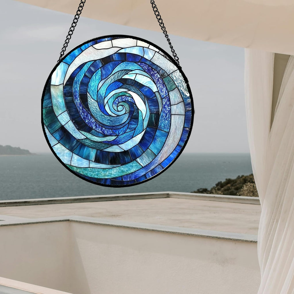 Stained Glass Window Hanging - Blue Abstract Swirl Suncatcher for Doors Garden Patio Unique Sun Catchers Decor Christmas Mother's Day Birthday Gifts for Women Men Mom Nana Friend 15 in