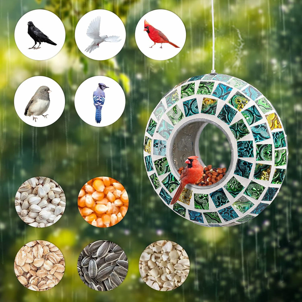 Yinns Bird Feeder - Fly Through Birds Feeder for Outside, Hanging Mosaic Glass Birdfeeder for Outdoors Circle Wild Bird Seed Container, 7-inch Green