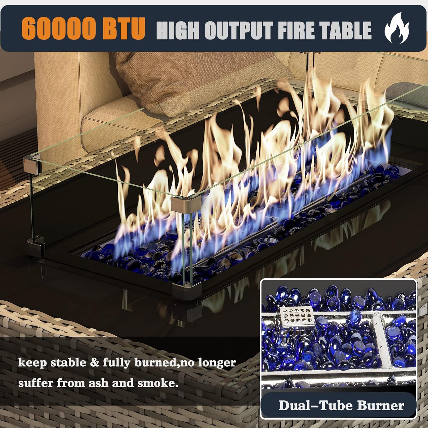 44 Inch Propane Gas Fire Pits Table for Outside Patio, 60000 BTU Rectangular Outdoor Wicker Rattan Fire Pit with Glass Wind Guard