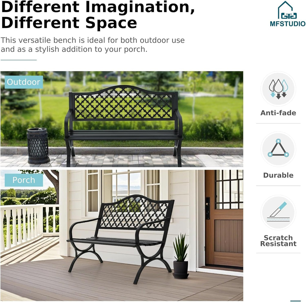 MFSTUDIO 50" Black Outdoor Metal Garden Bench with Arch Legs, Cast Iron Frame Patio Furniture with E-Coating, Perfect for Porch and Yard