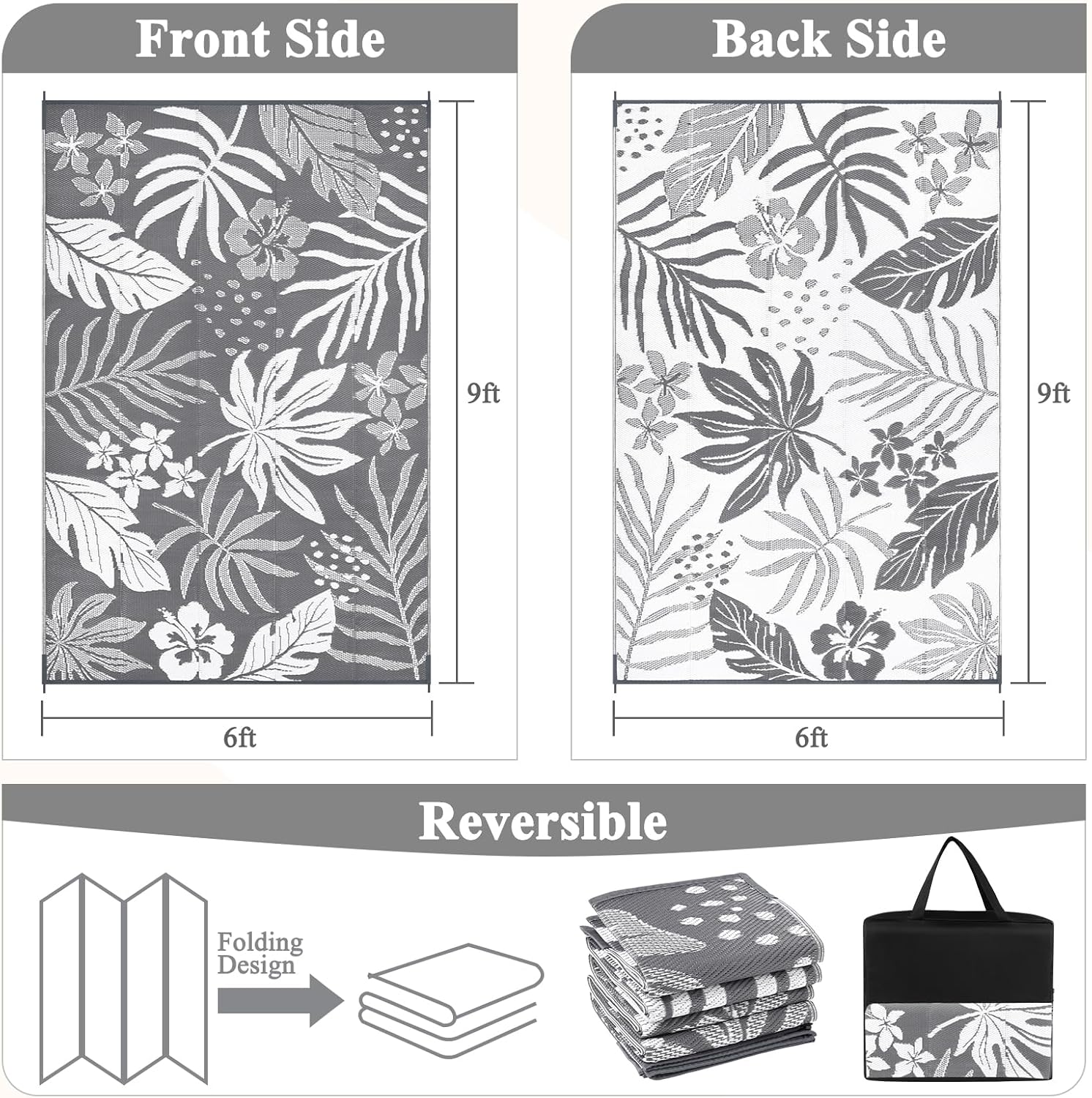 Pauwer Waterproof Outdoor Rug 6x9, Reversible Plastic Straw Patio Camping Rug, Indoor Outdoor RV Mat Carpet for Deck, Camper, Porch, Balcony, Backyard, Picnic, Floral Grey