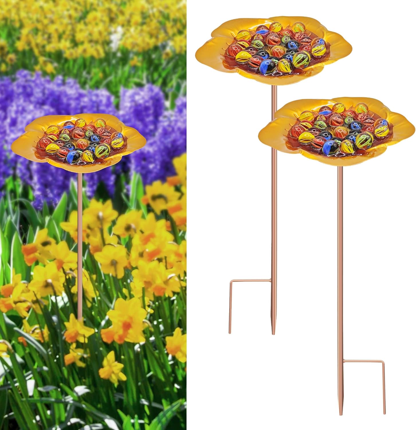Bee Watering Station-Golden Butterfly Puddler Bee Bath & Feeder with Metal Stakes - 30 Glass Marbles, Vivid Flower Design, Garden Yard Decor (Golden-2PACK)